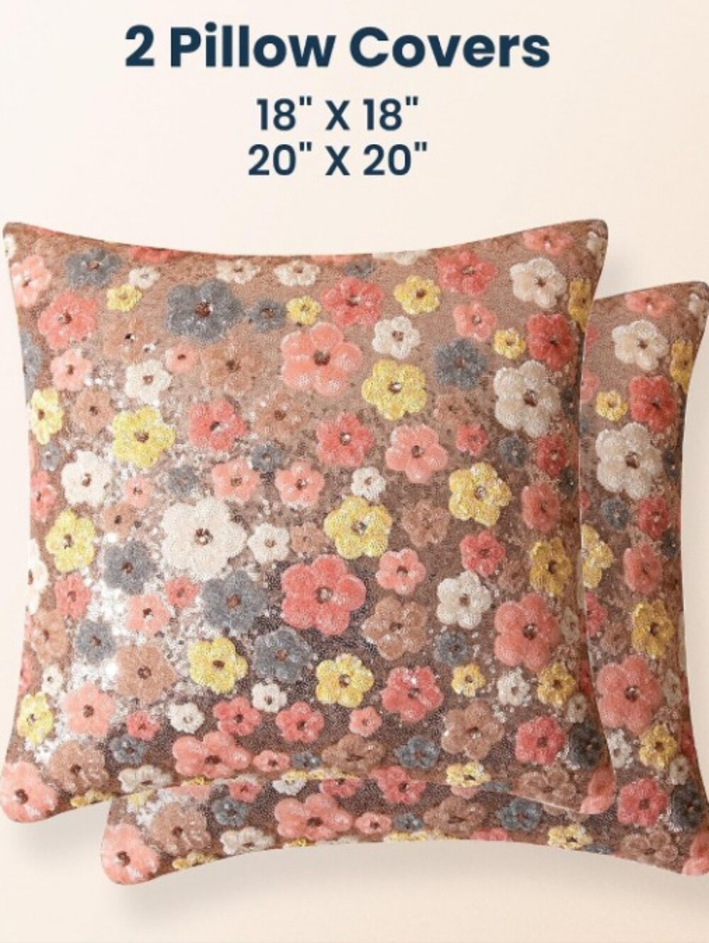 NEW! Set Of 2 Floral Sequin Embroidered Pillow Covers 18x18